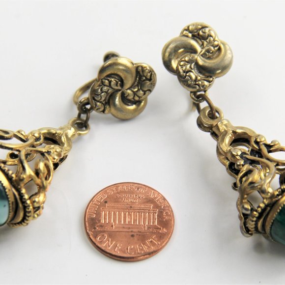 VINTAGE VICTORIAN CABOCHON DANGLE EARRINGS - Picture 2 of 4